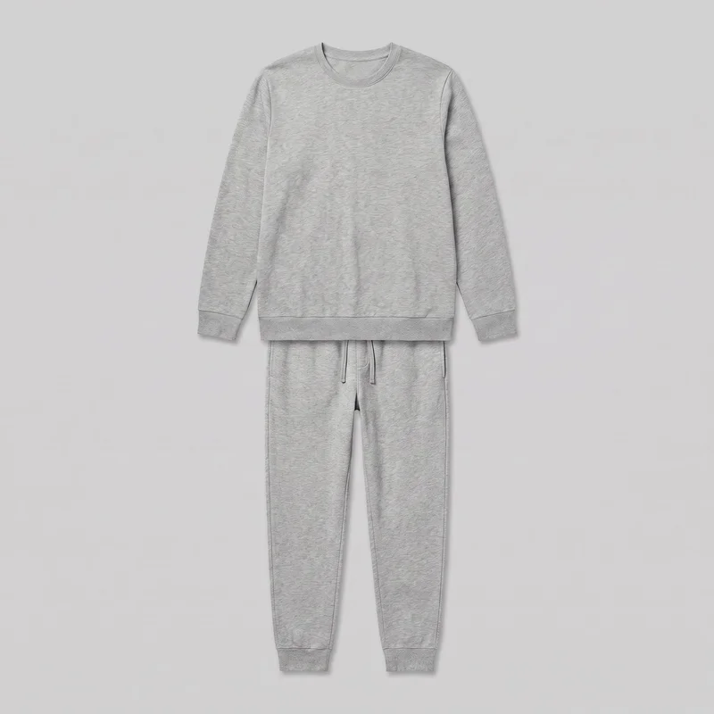 A complete grey marl two-piece loungewear set is laid flat from the front. The set includes a pullover crewneck sweatshirt overlapping the upper portion of full-length tapered jogger pants, with the exterior drawstring waistband, side-entry pockets, and ribbed ankle cuffs visible.