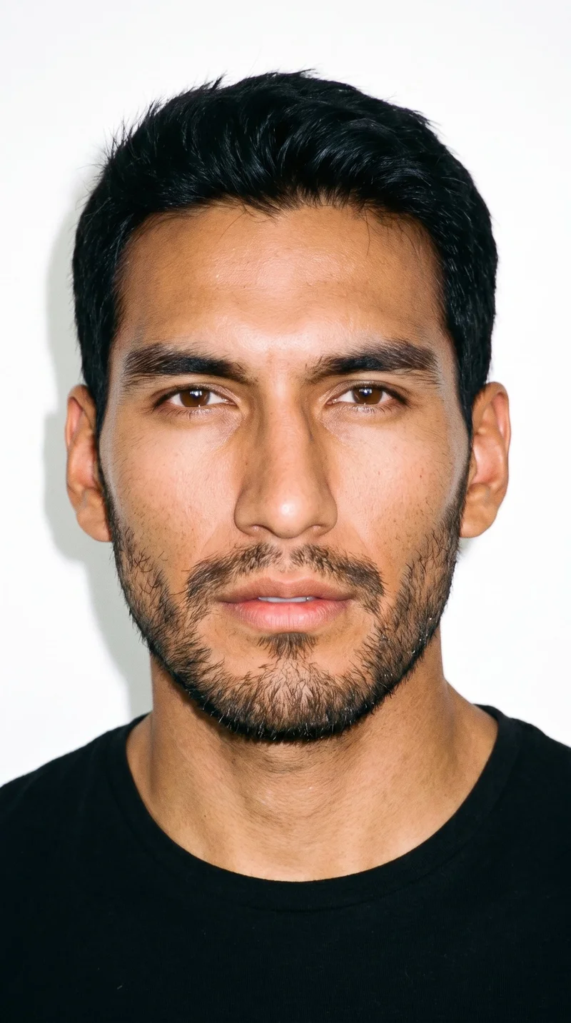A 24-year-old Indigenous American man with medium-brown skin and a warm golden undertone. His face has a Roman structure with strong classical features, a prominent nose line, and a defined jaw. He has medium-thickness eyebrows, very dark near-black eyes, and medium-sized lips. His deep black hair is styled in a taper, gradually shortened at the sides and neckline while retaining length on top. Short, even beard growth covers his face with a clearly visible, closely groomed texture.