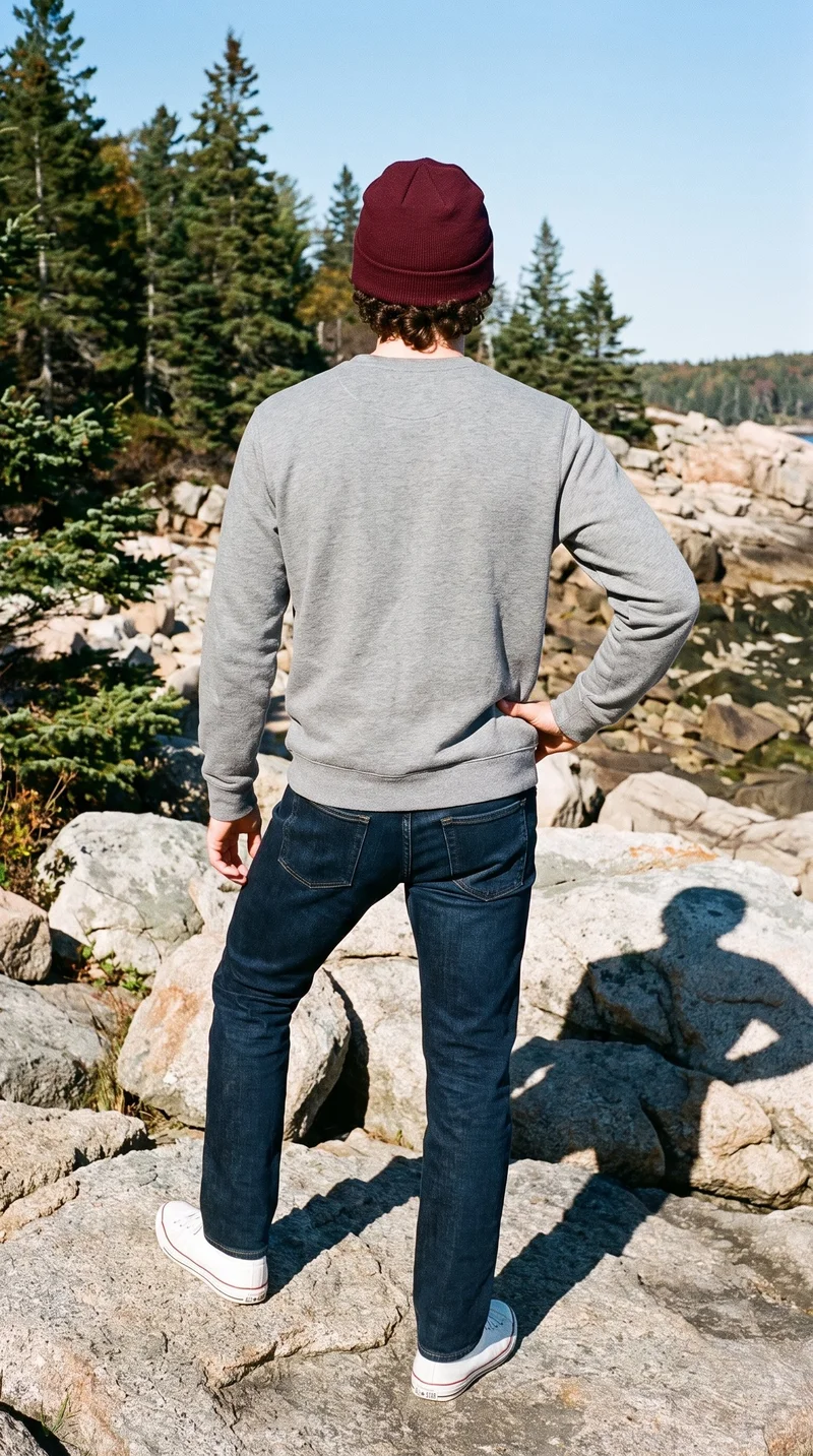 A 26-year-old Caucasian man is shown full body from the rear, wearing a burgundy beanie with one hand resting on his hip. Coastal rocks form the backdrop.