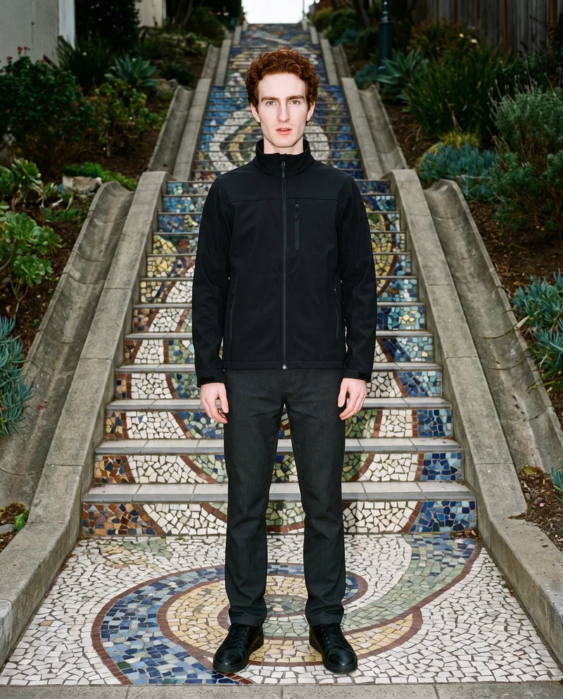 A 22-year-old Slavic man stands straight in a full-body front view wearing a men's black softshell jacket. The tiled stairway summit serves as the backdrop.