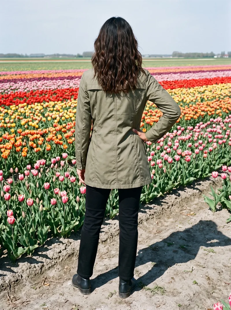 A 23-year-old Southeast Asian woman is shown from behind in a full-body view wearing an olive packable raincoat, with one hand on her hip. A tulip field forms the backdrop.