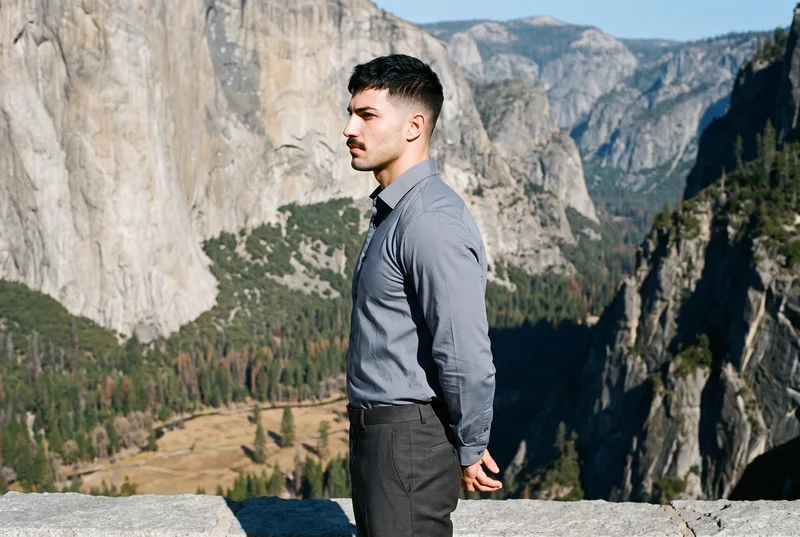 A 20-year-old Caucasian man is shown from the upper body in side view, wearing charcoal suit trousers with his hands behind his back and a serious expression. A Yosemite Valley backdrop is visible.