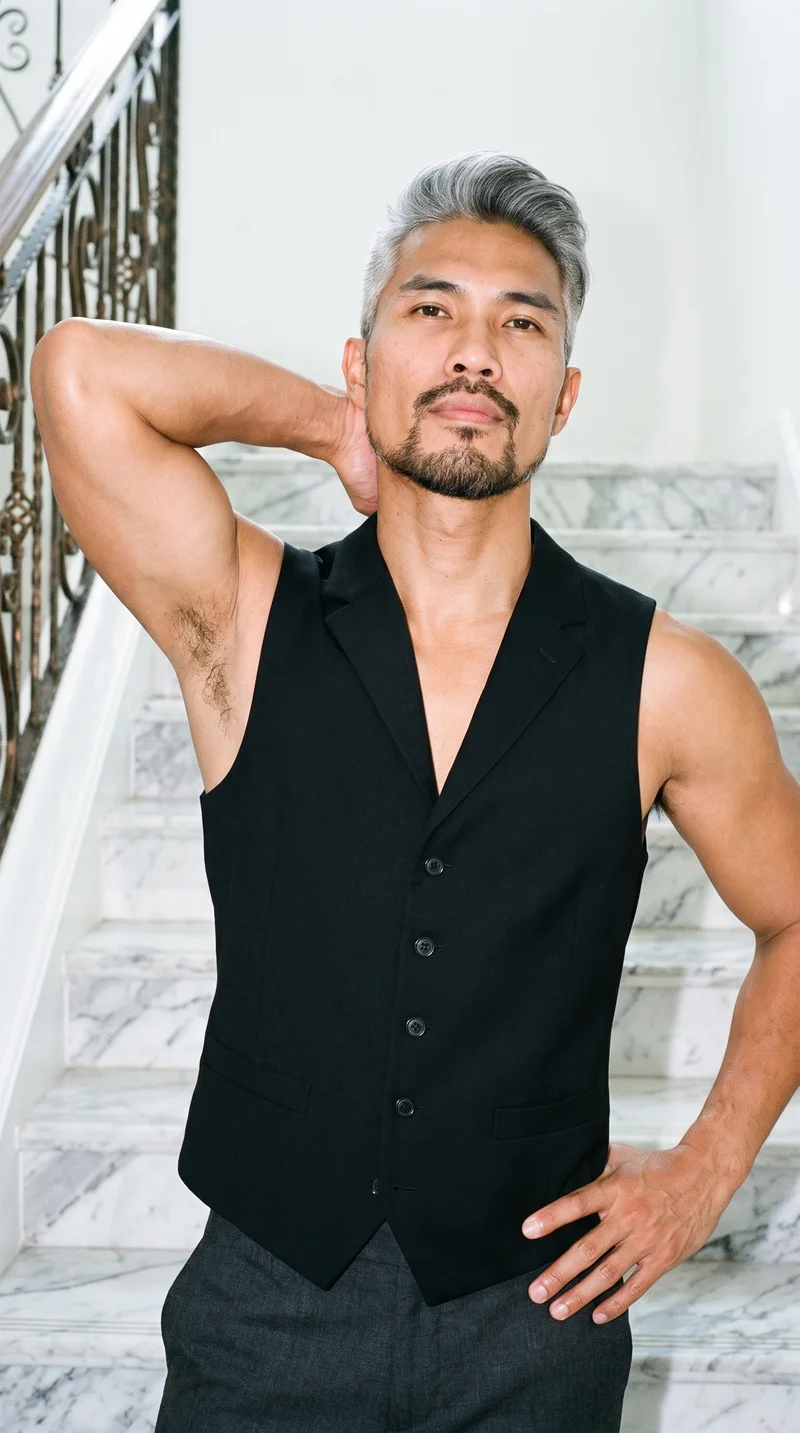 Men's Black Waistcoat, Upper body at Front, Clean Catalog lighting