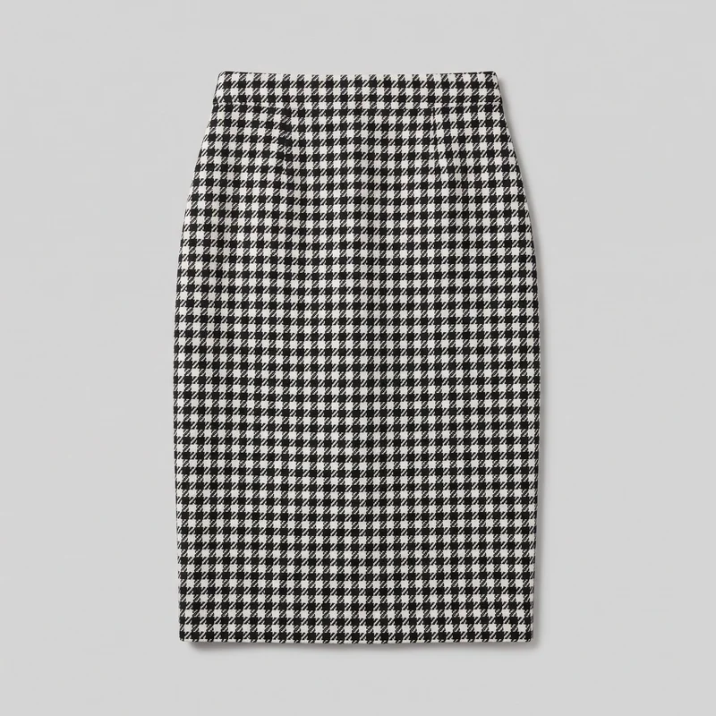 A women's houndstooth pencil skirt is laid flat in a standalone front view. It has a slim, straight silhouette with tapered side shaping, a clean flat high-rise waistband, and a below-knee midi length ending in a straight hem. The all-over houndstooth check pattern covers the exterior, with no visible pockets, closure, logos, or embellishments.