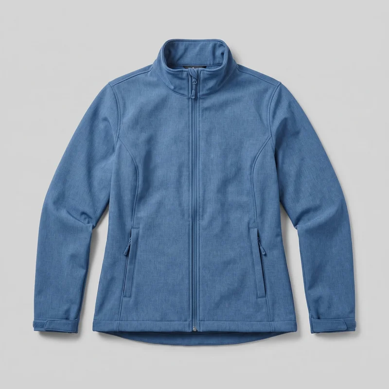 A blue women’s softshell jacket is laid flat in a mostly complete front view. It has a standing collar, long sleeves, a full center zipper, curved torso panel seams, two vertical zippered hand pockets, adjustable-looking rectangular cuff tabs, and a straight front hem with a slightly longer curved back hem visible below.