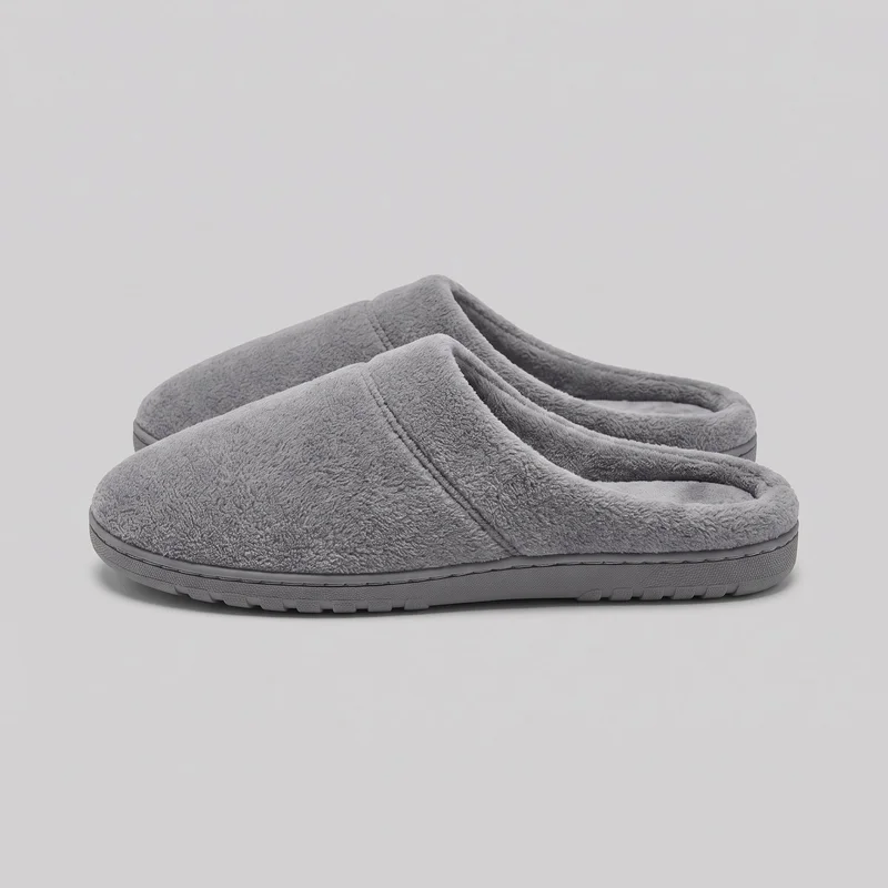 A pair of grey closed-toe mule house slippers is shown in a side three-quarter view. The slippers have fuzzy uppers, broad vamps with center seams, padded opening rims, open heels, and flat low soles with defined sidewalls and blocky tread lugs visible along the bottom edge.