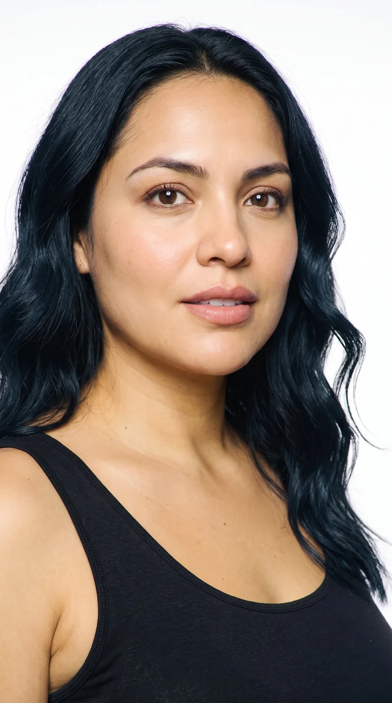 A 38-year-old Hispanic woman with medium olive skin and a warm golden, greenish-golden undertone. Her face has a round shape with soft, full contours, gentle curves, and few angles. She has medium-thickness eyebrows, brown eyes, and full lips. Her deep black hair is styled in soft, natural waves.