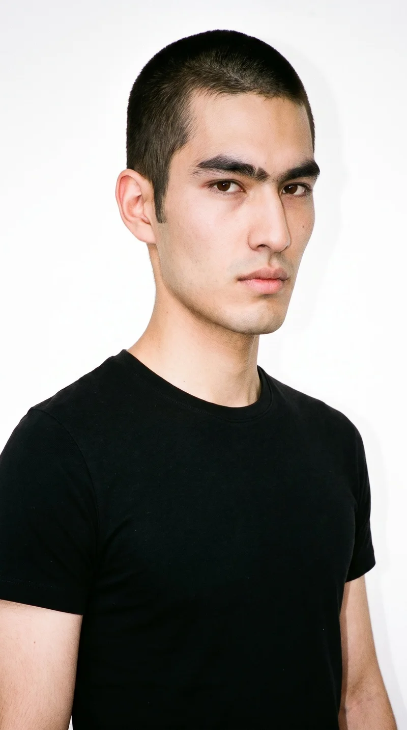 A 23-year-old Japanese man with medium skin and a cool undertone. His Roman face has a prominent nose line and defined jaw, with thin eyebrows, brown eyes, and thin lips. His dark-brown hair is clipped very short in an even buzz cut, and he is clean-shaven with a smooth face.