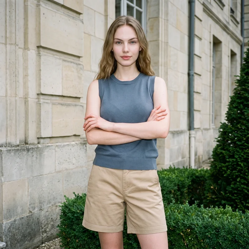 An 18-year-old Caucasian woman wears women's khaki chino shorts in a 3/4-length front view with her arms crossed and a natural facial expression. A French chateau serves as the backdrop.