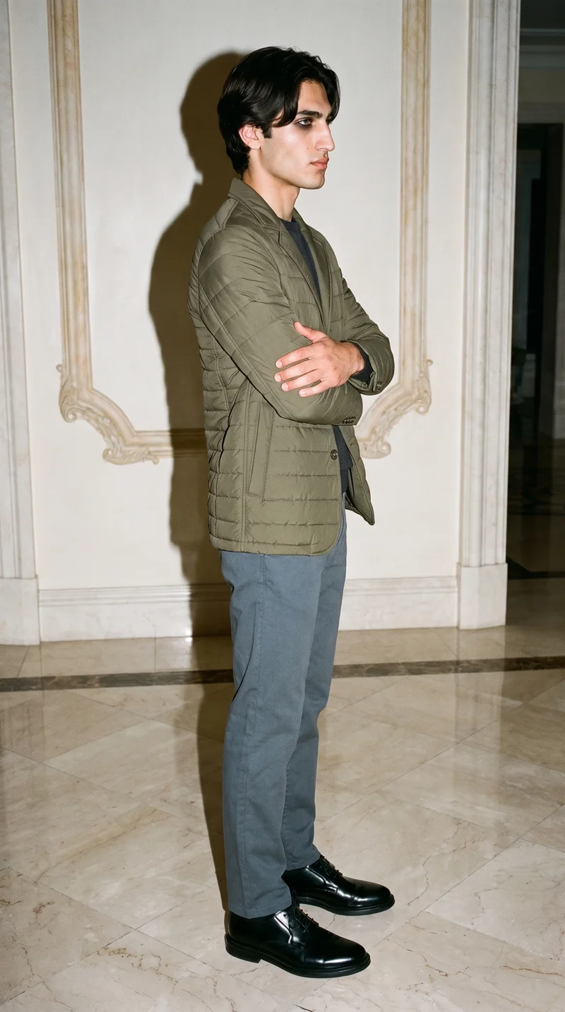 An 18-year-old Turkish man is shown full body in side view wearing a men's olive quilted jacket. His arms are crossed and his expression is neutral. A mansion foyer forms the backdrop.