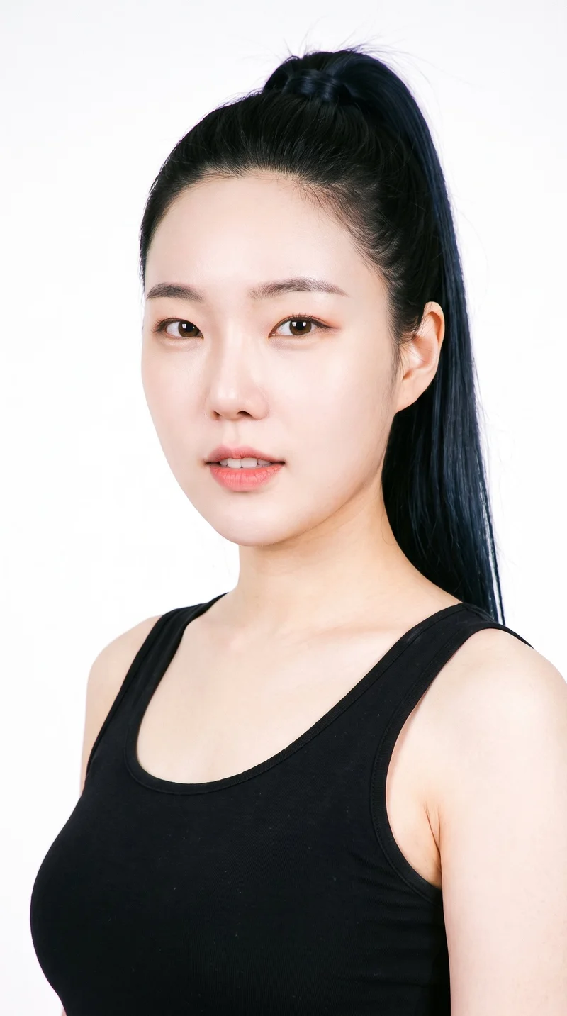 This 34-year-old Korean woman has a porcelain skin tone with a neutral undertone and soft, youthful facial features. Her face has rounded contours and full cheeks, creating a baby-face structure. She has thick eyebrows, very dark near-black eyes, and thin lips. Her deep black hair is pulled into a ponytail high on the crown.