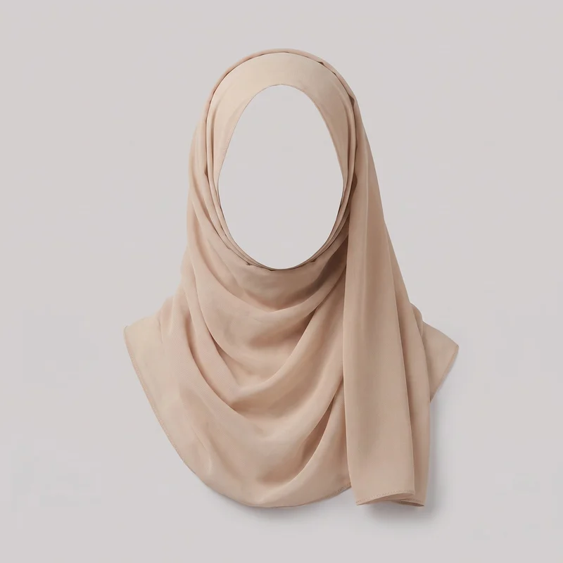 Beige chiffon hijab displayed on a head-and-shoulders mannequin form, wrapped around an oval face opening and draped over the neck and upper chest. The arrangement shows layered folds around the crown and sides, a panel hanging vertically on the wearer’s right side, wider layered coverage across the front, and narrow stitched edges along the lower and side borders.