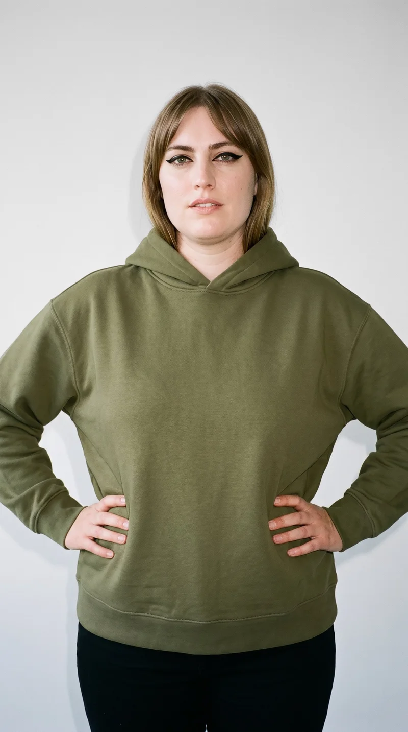A 41-year-old Caucasian woman wears an olive oversized pullover hoodie against a cloud-white studio backdrop. Shown from the upper body in front view, she stands with her hands on her hips and a neutral expression.