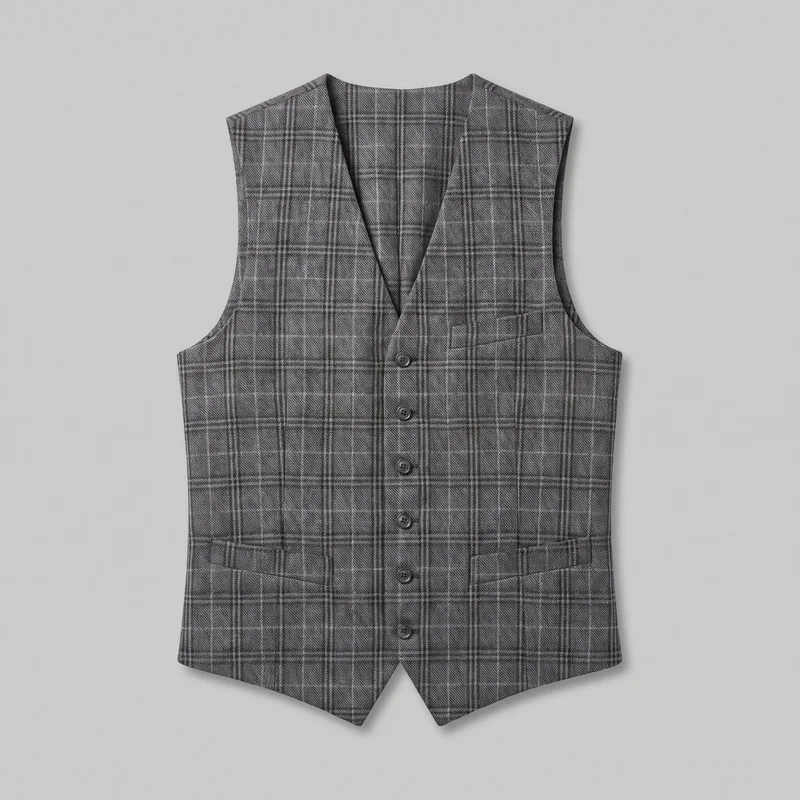 A mostly complete front view of a grey checked tailored waistcoat laid flat. The sleeveless waist-length design has a deep V neckline, collarless front, broad shoulders, cutaway armholes, six visible buttons, a welt chest pocket, two lower welt pockets, and an angled hem with two pointed tips and a center notch.