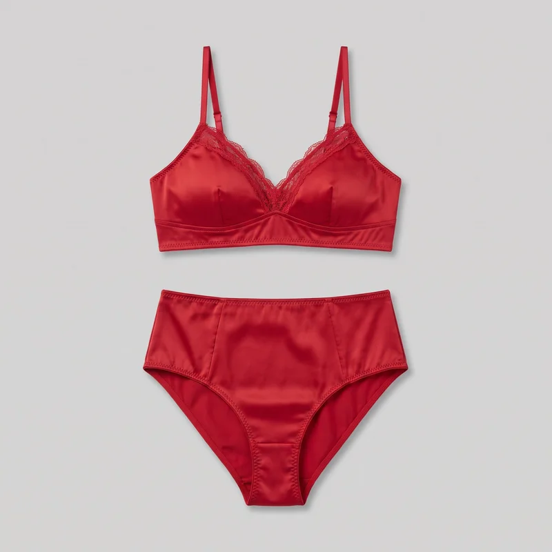 A matching red satin lingerie set is arranged front-facing as a standalone product view. The set includes a close-fitting bralette with triangular cups, a deep V neckline, lace trim, adjustable shoulder straps with visible sliders, shaped cup seams, and a wide underbust band. The high-waist brief has a full front panel, curved leg openings, stitched elastic edges, and vertical front panel seams.