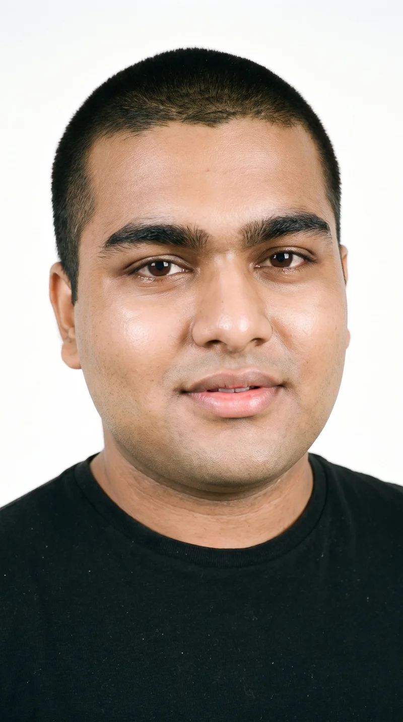 A 20-year-old Indian man with medium-brown skin and an olive-green undertone. His face has smooth, even, softer features in a refined balance, with thick eyebrows, brown eyes, and full lips. His black hair is clipped very short and evenly in a buzz cut, and he is clean-shaven with no facial hair.