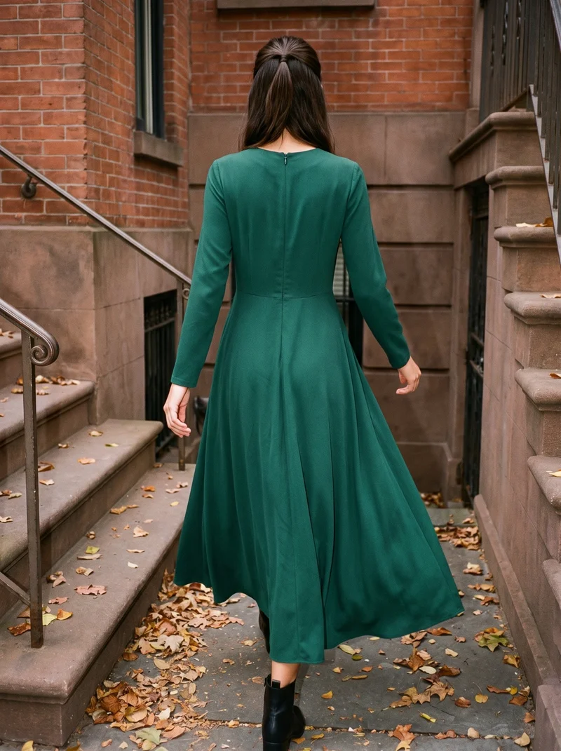 An 18-year-old Caucasian woman is shown full body from the rear while walking in an emerald green modest dress. A brownstone stoop with autumn leaves forms the backdrop.