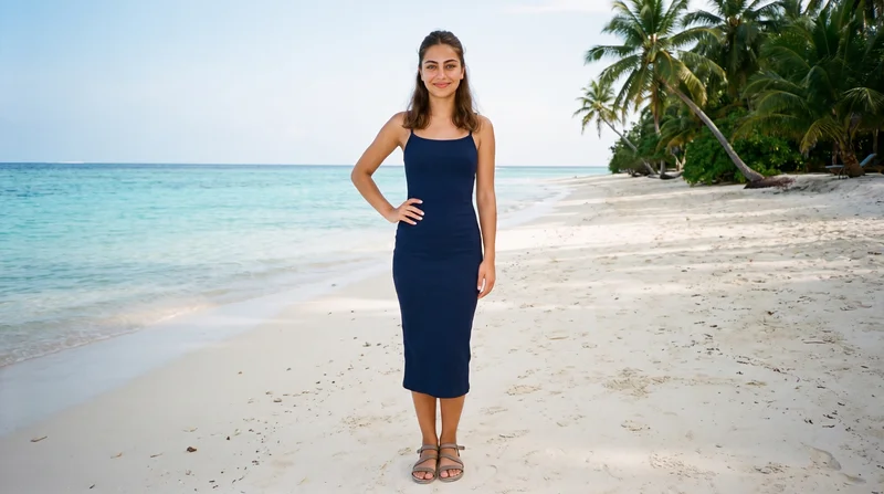 A 19-year-old Turkish woman wears a navy bodycon dress in a front-view environmental composition, smiling with one hand on her hip. Palm trees and a beach form the backdrop.