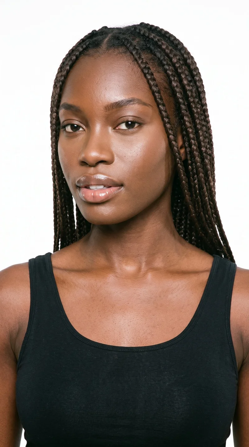 An 18-year-old African woman with dark-brown skin and a red-copper undertone. Her face has a triangular shape, with a wide jaw narrowing toward the forehead and emphasis on the lower face. She has medium-thickness eyebrows, hazel eyes with green-gold flecks, and very full lips. Her dark-brown hair is styled in long knotless braids with a smooth transition from the roots and no visible knots.