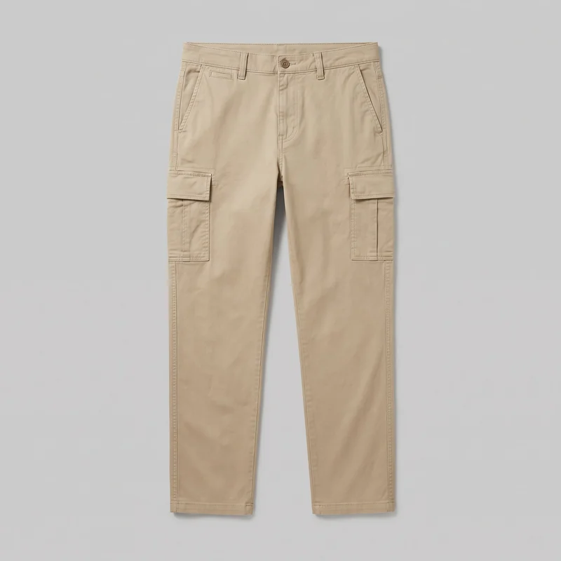Men's beige cargo pants shown in a complete front flat-lay view. The regular-fit, full-length design has a mid-rise waistband with belt loops and a single button, a centered fly placket, angled hip pockets, a narrow welt utility pocket, rectangular flap cargo pockets on both outer thighs, straight legs, visible panel seams, reinforced pocket stitching, and finished hems.