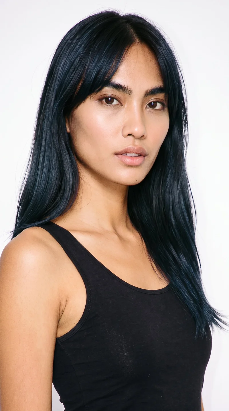A 29-year-old Southeast Asian woman with a honey skin tone and warm golden undertone. Her oval face has balanced proportions and a softly rounded jaw. She has thick eyebrows, very dark near-black eyes, and full lips. Deep black hair is styled with longer centre-parted curtain bangs framing both sides of her face.