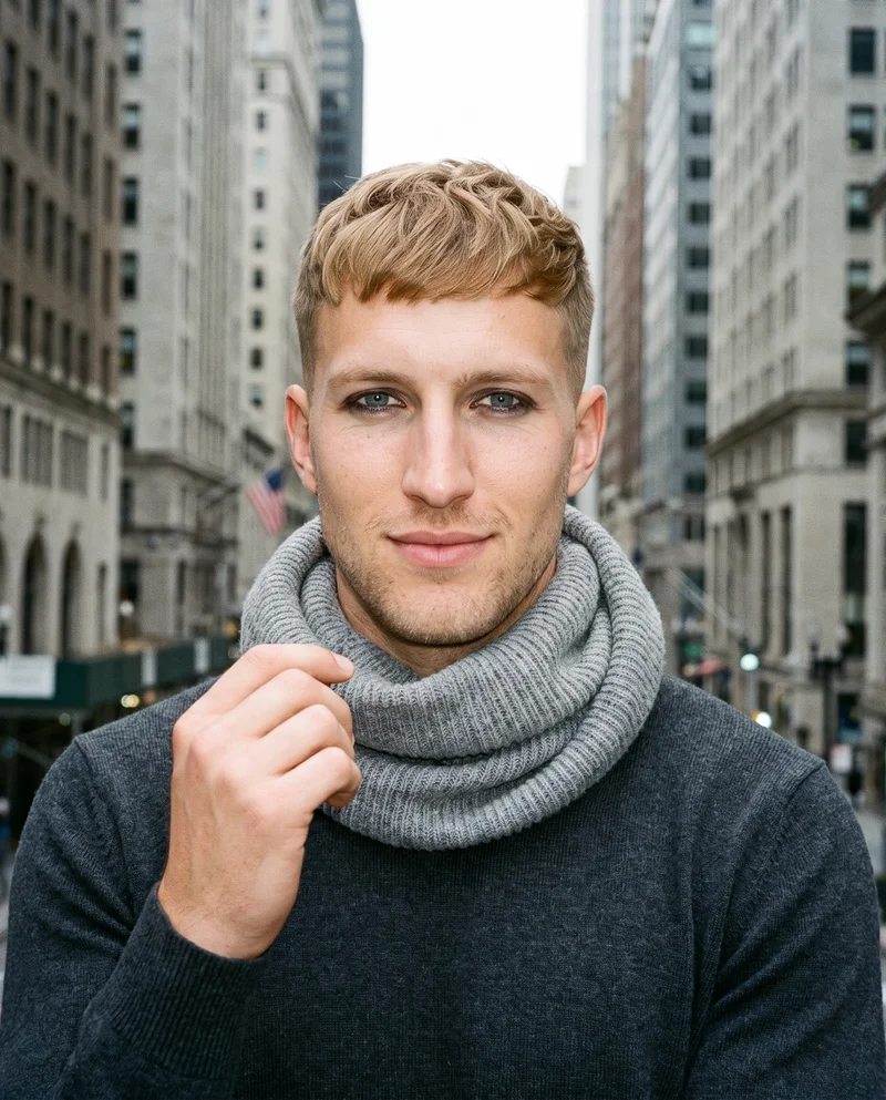 Men's Grey Knit Snood, Upper body at Front, Clean Catalog lighting