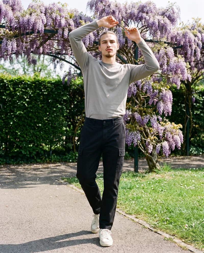 Men's Black Cargo Pants, Full body at Three-quarter, Clean Catalog lighting