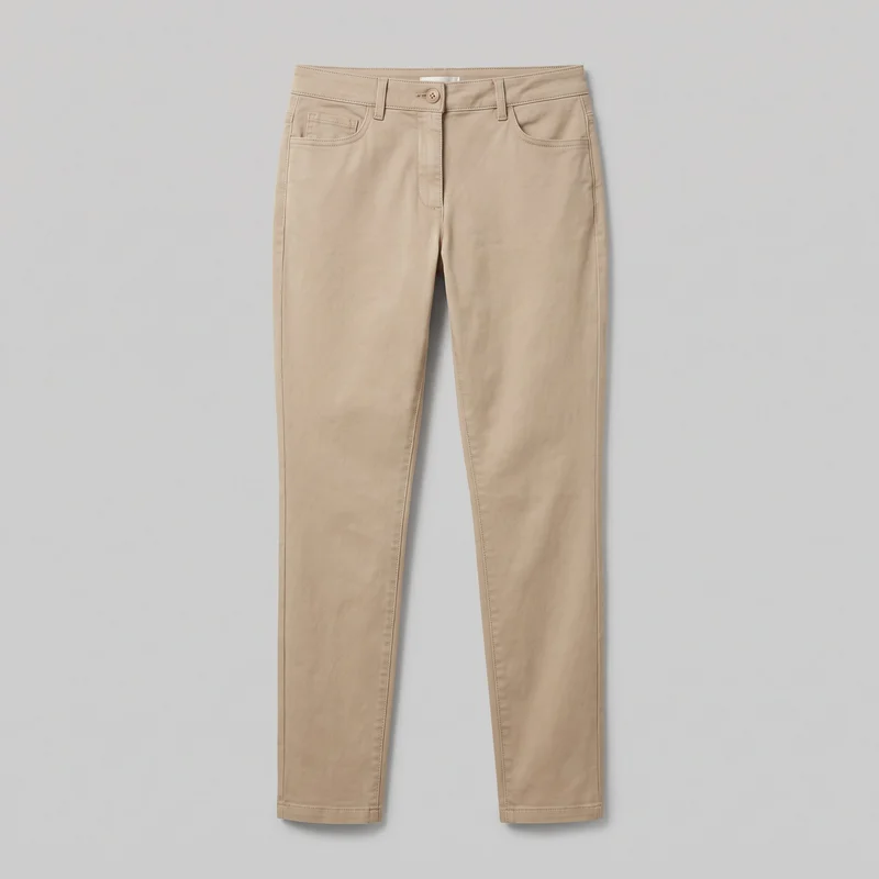 Women's beige slim chinos shown laid flat in a complete front view. The pants have a regular waistband with belt loops and a single button, a covered fly placket, curved front hand pockets, a small coin pocket, visible topstitching, and narrow straight-to-slightly tapered legs ending in plain stitched hems.