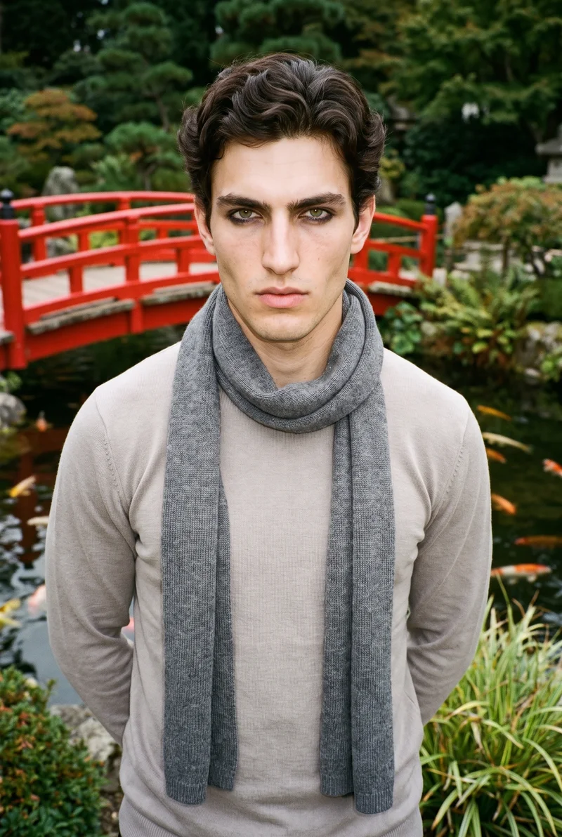 A 21-year-old Caucasian man wears a men's grey wool scarf in an upper-body photograph. He is shown from a front three-quarter angle with his hands behind his back and a neutral facial expression, against a red koi pond bridge backdrop.