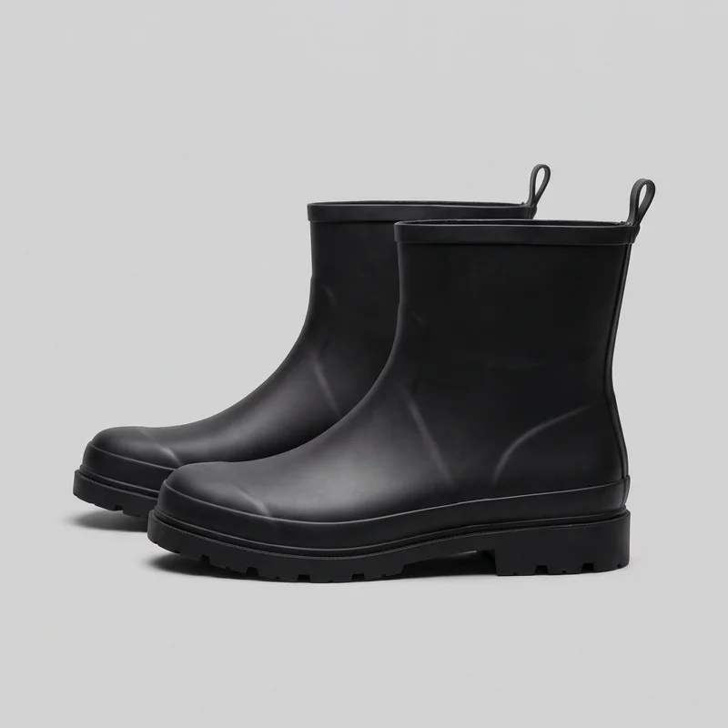 A pair of black ankle-height pull-on rain boots is shown in a three-quarter side view against a product backdrop. The boots have rounded toes, smooth unadorned uppers, straight shaft openings with raised top rims, and rear pull loops. Each boot features a continuous raised rand, a thick lug outsole with visible tread notches, and an integrated low block heel.