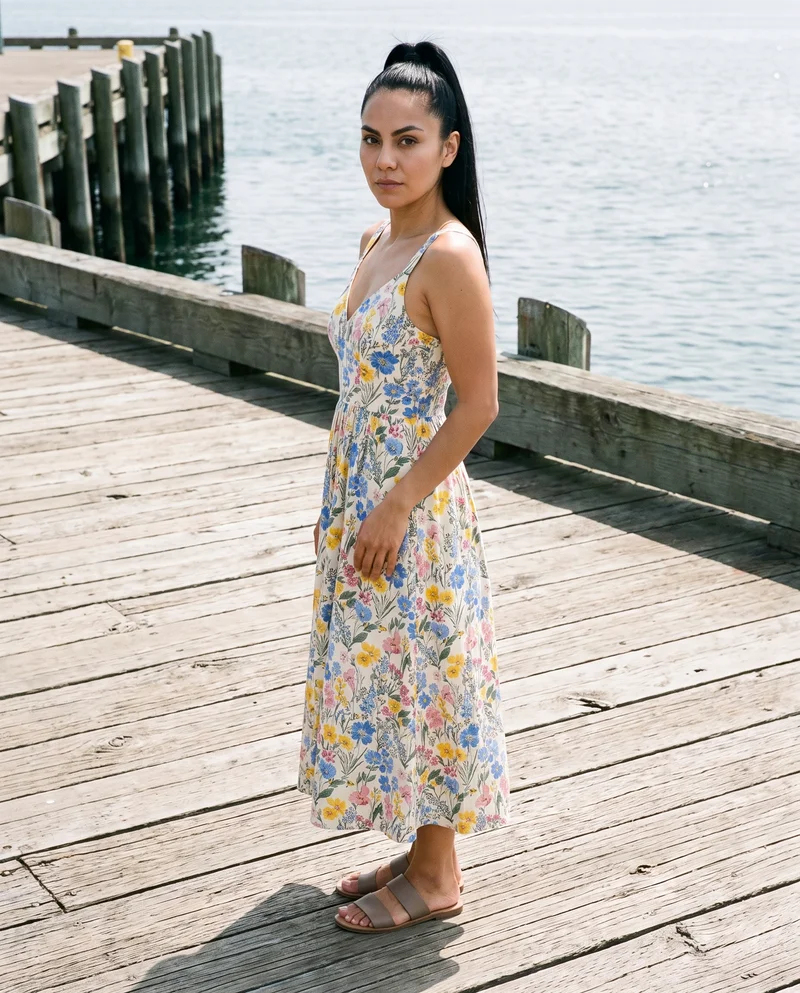 Floral Print Midi Dress, Full body at Side, Natural E-Commerce lighting