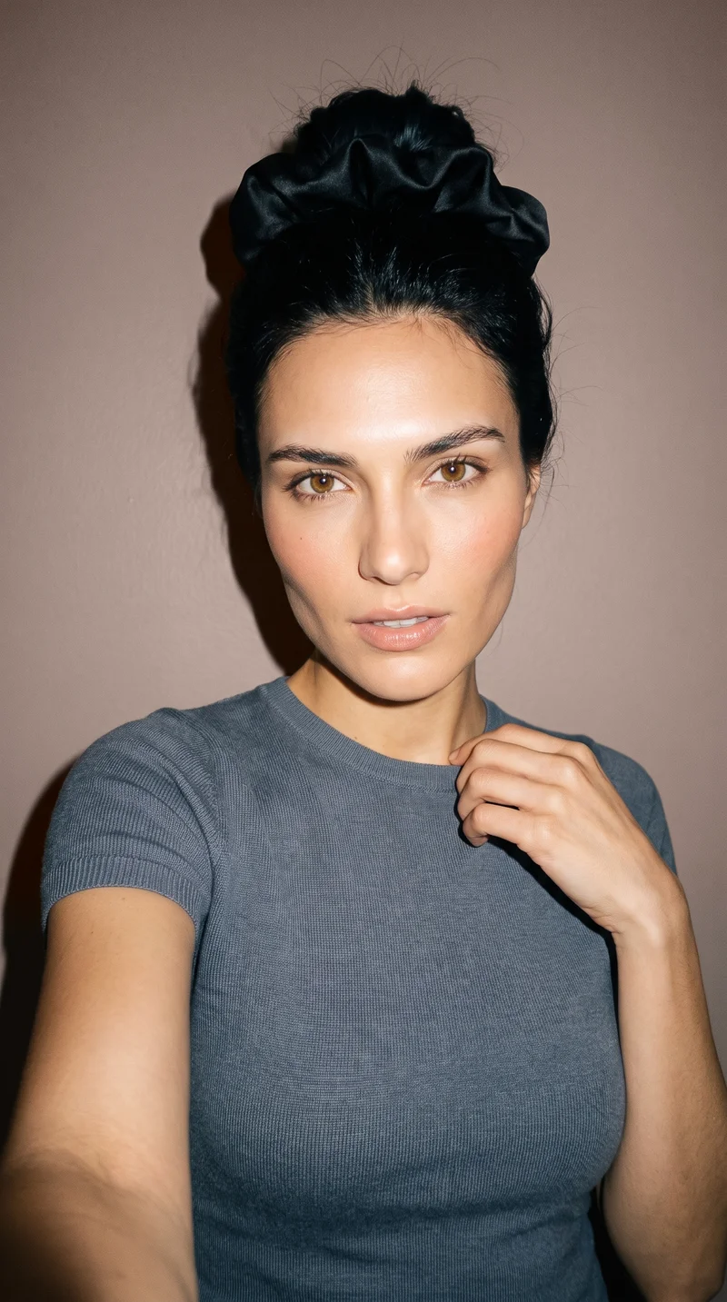 Black Satin Scrunchie, Selfie at Front, Flash Editorial lighting