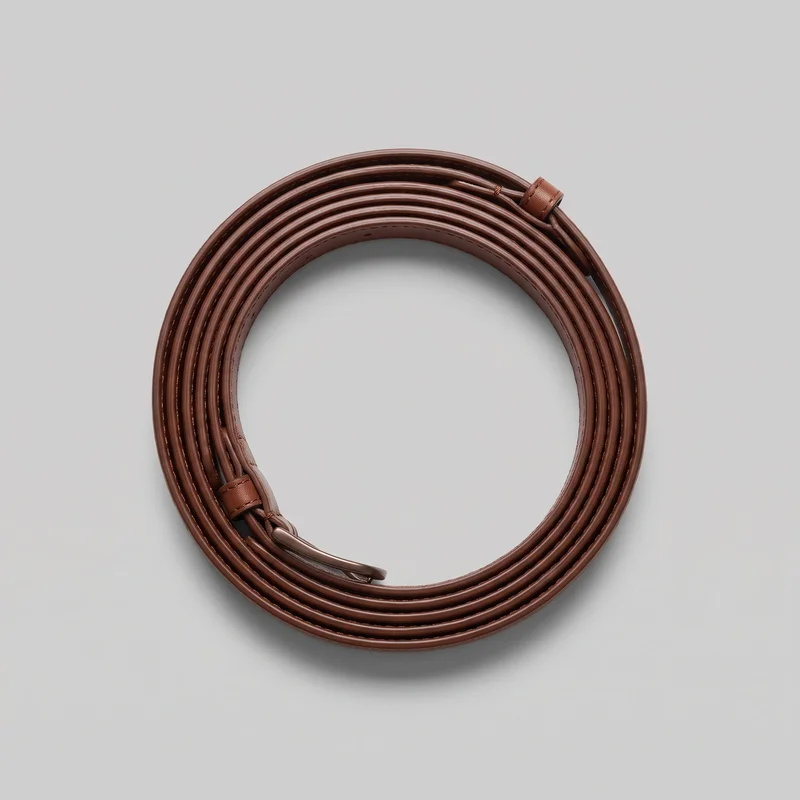 A slim brown women's dress belt is coiled into a tight circular shape on a plain surface. The layered strap has rounded edges and visible edge stitching, with keeper loops, small binding wraps, and part of a single-prong buckle end visible around the outer edge. No logos, prints, patches, embroidery, or embellishments are visible.