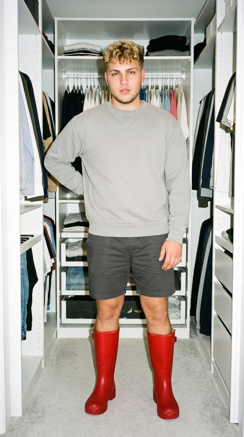 An 18-year-old Caucasian man is shown in a front-facing full-body view wearing men's red rain boots. One hand rests on his lower back, and he has a natural facial expression. A walk-in closet forms the backdrop.