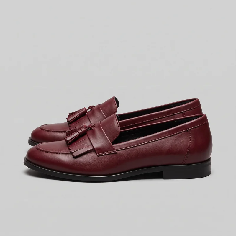 A pair of women's burgundy slip-on tassel loafers is shown from a side three-quarter angle. The shoes have rounded apron toes, broad saddle straps across the vamps, layered fringe panels, paired center-front tassels, low block heels, raised topline piping, and slightly built-up sole edges.
