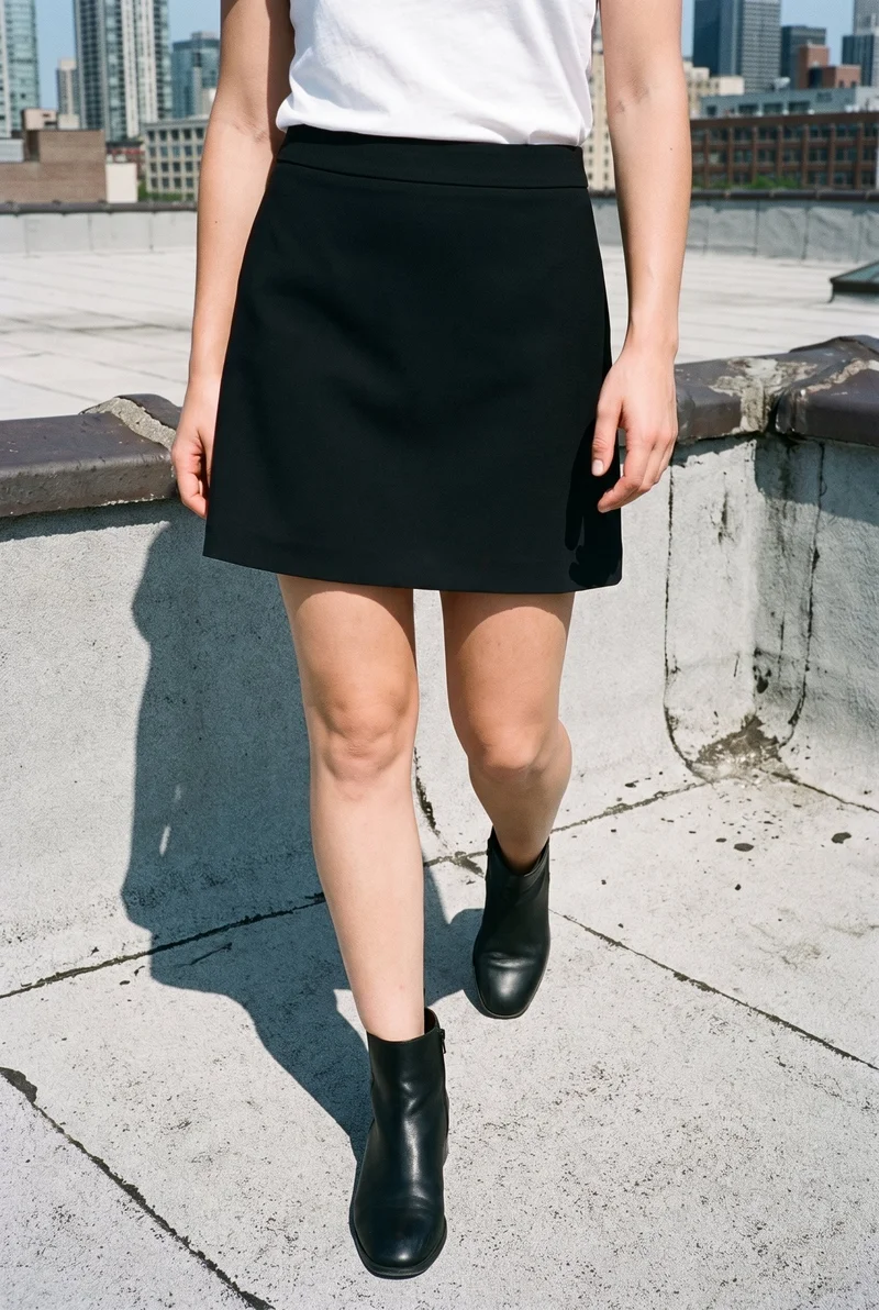 A woman’s lower body is shown from the front while walking in a black mini skirt. The backdrop is a warehouse rooftop with a skyline view.