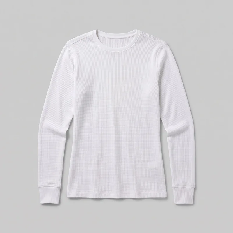 A white women's thermal top is shown laid flat in a standalone front view. The shirt has a long-sleeve crewneck design, a straight full-length body, wide ribbed cuffs, and a flat straight hem with a stitched band. Fine waffle or vertical rib texture covers the body and sleeves, with visible shoulder and armhole seams and clean topstitching; no logos or embellishments are visible.