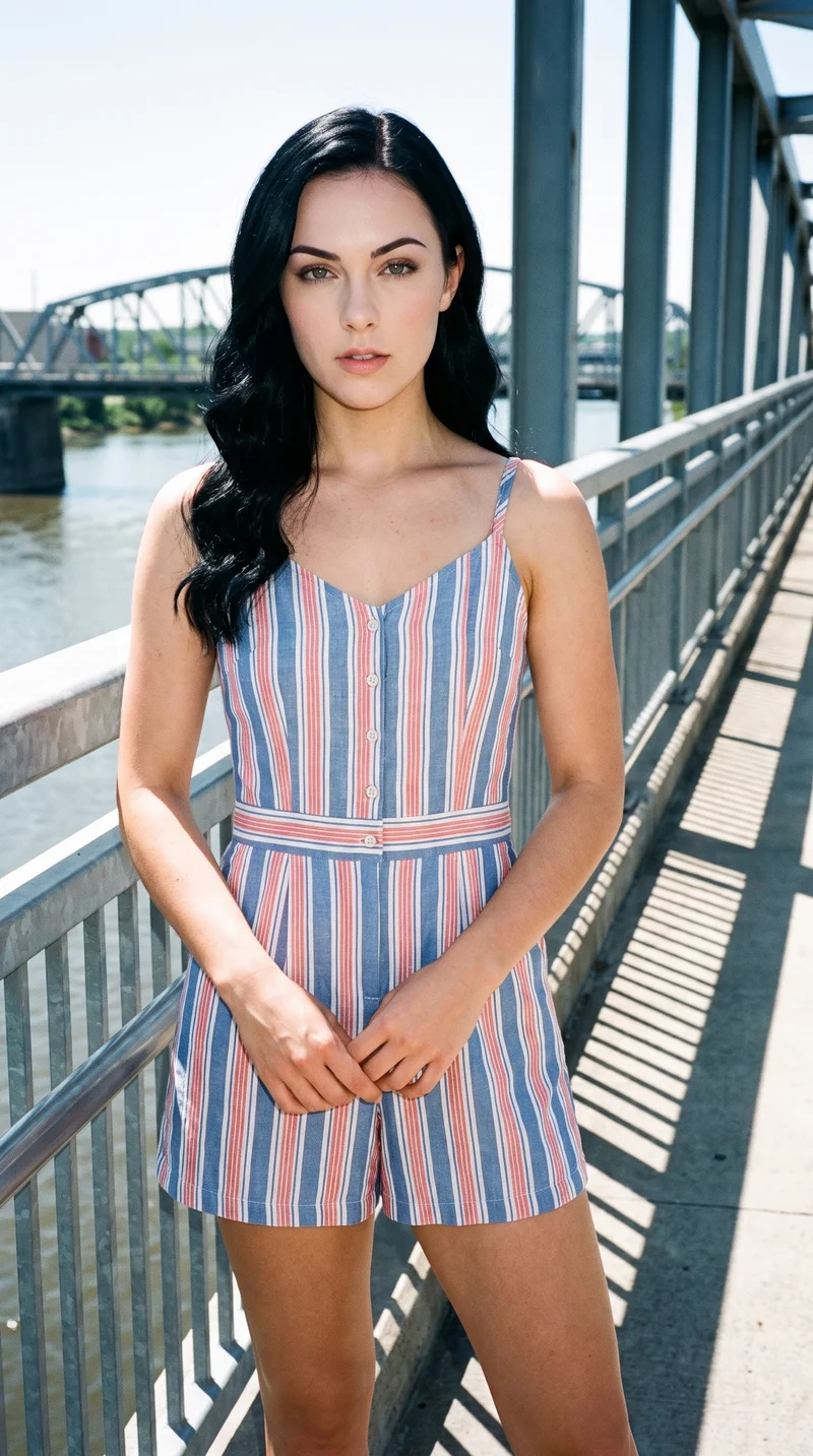 Striped Playsuit, Full body at Three-quarter, Flash Editorial lighting