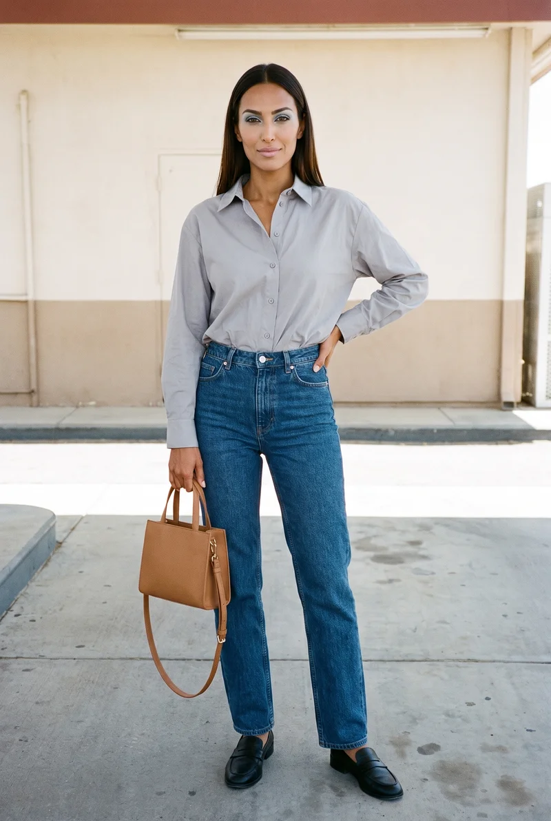 A 31-year-old Arab woman is shown full body from the front with a women's tan crossbody bag positioned at her waist. The gas station appears as the backdrop, and her expression is natural.