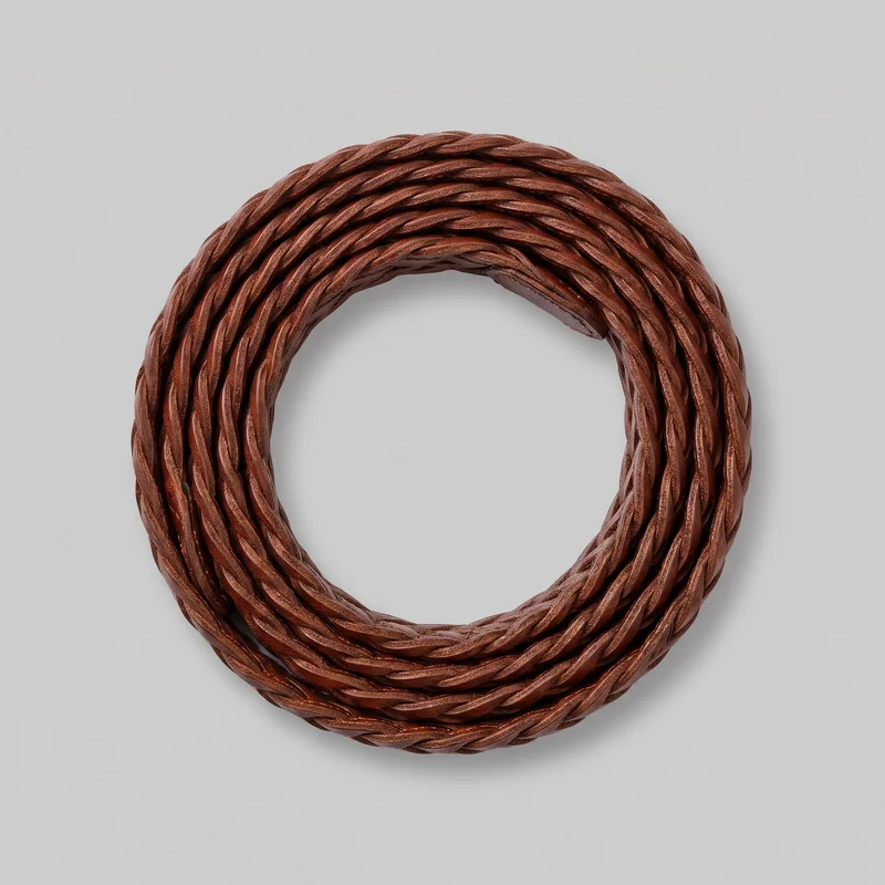 A medium-brown braided leather belt is arranged in a neat circular coil in a top-down standalone view. Multiple narrow, flat leather strips form a dense all-over weave with a smooth, slightly lustrous finish, while the buckle and finished ends are tucked beneath the coil.