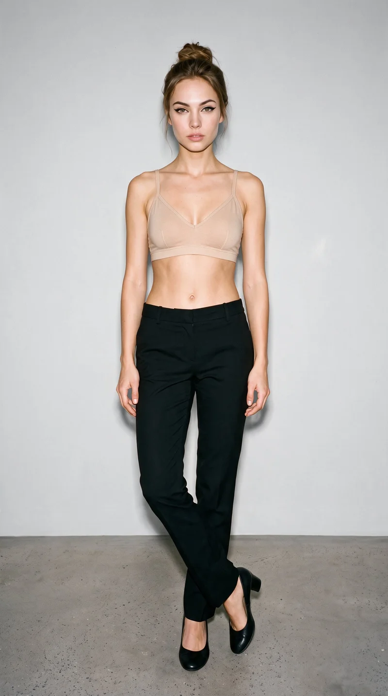 A 23-year-old Caucasian woman models a beige bralette in a full-body, front-view composition. She stands with her ankles crossed against a pearl grey studio-wall backdrop, with an editorial facial expression.