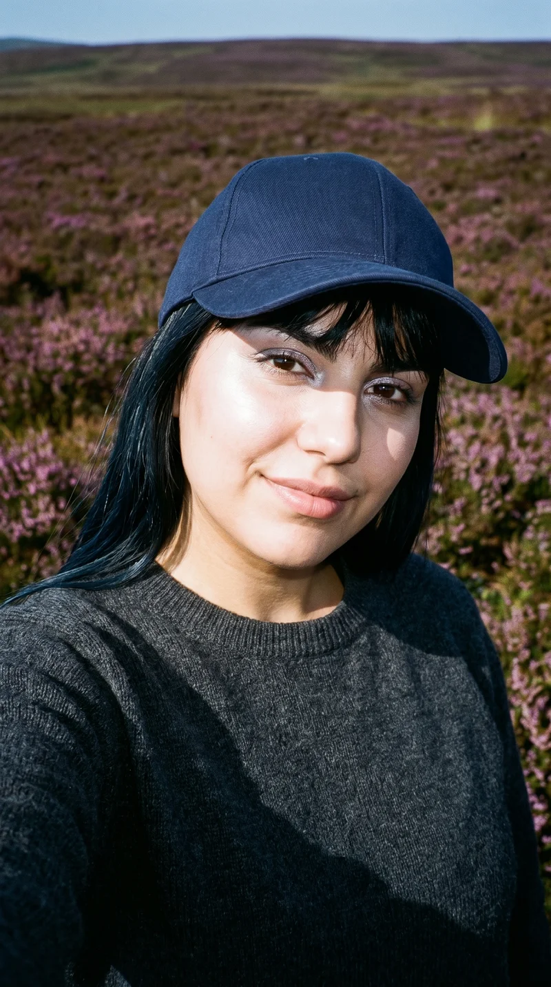 A 20-year-old Turkish woman wears a women's navy cotton baseball cap in a front-view selfie. She is smiling with her head tilted, with a Scottish Highlands moor serving as the backdrop.