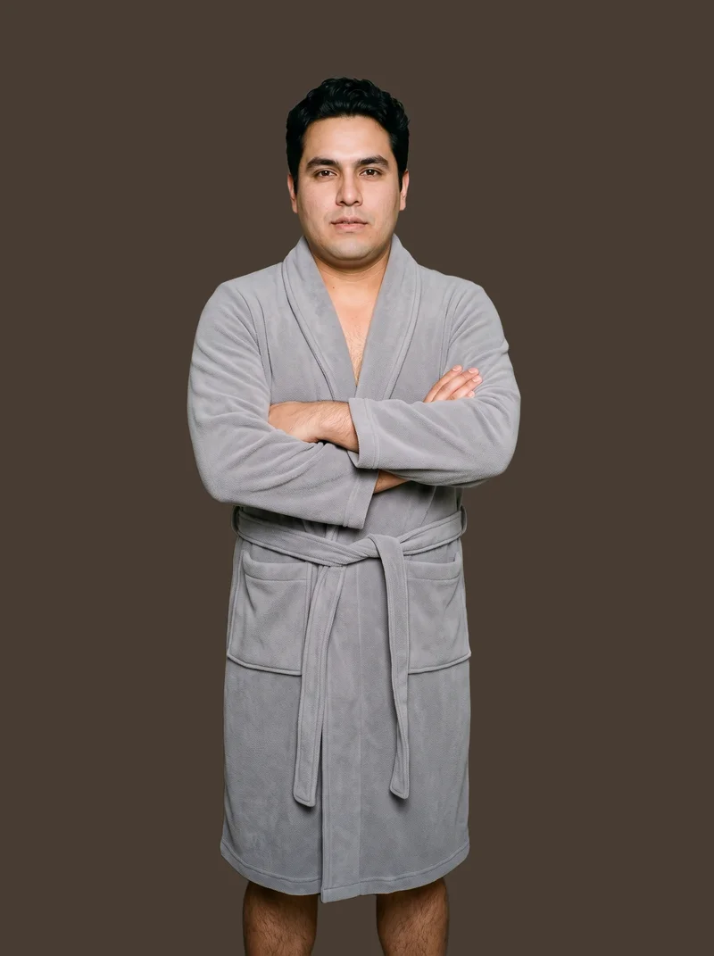 Men's Grey Fleece Robe, Three-quarter length at Front, Studio Cutout lighting