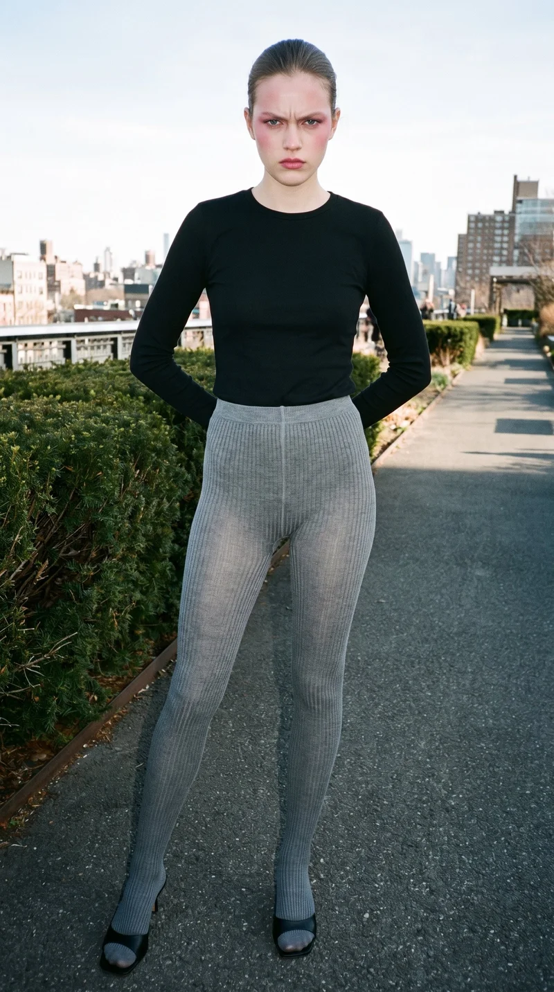 An 18-year-old Caucasian woman is shown full body from the front wearing grey ribbed tights, with her hands behind her back and an intense facial expression. An elevated park railway forms the backdrop.