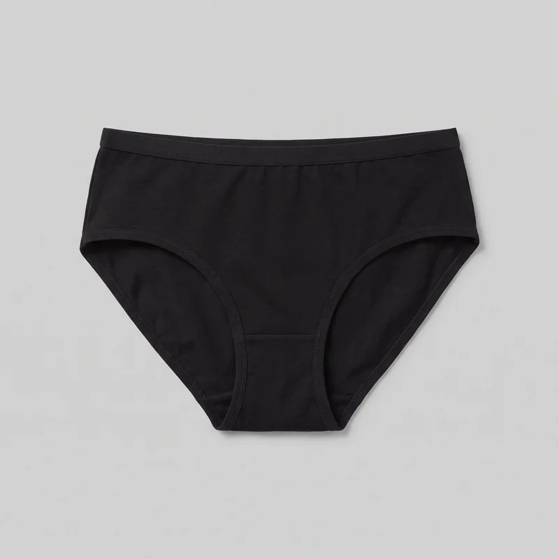 Black women's high-rise brief underwear shown as a mostly complete standalone product view. The front displays a wide elastic waistband with visible stitching, smooth body panels, curved leg openings with narrow bound edging, and a central crotch gusset extending into the front rise.