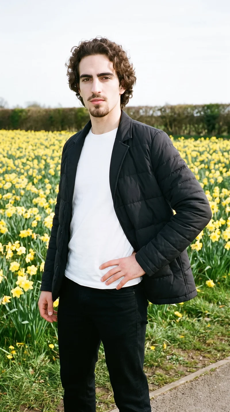 A 26-year-old Caucasian man wears a black puffer jacket in a three-quarter-length, angled-front view. He stands with one hand on his hip and a neutral expression, against a daffodil field backdrop.