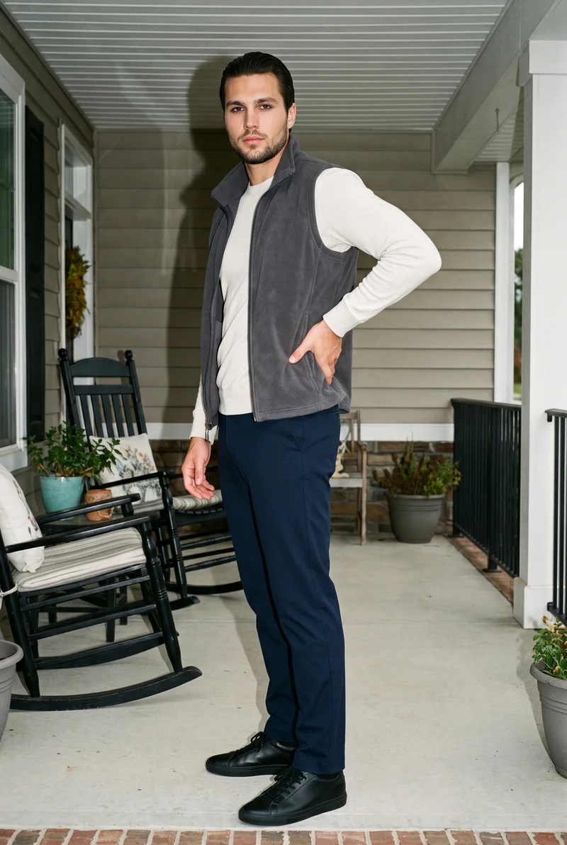 A 26-year-old Caucasian man wears a grey fleece gilet in a full-body front three-quarter view, with one hand on his lower back and a natural expression. A front porch backdrop frames the photograph.