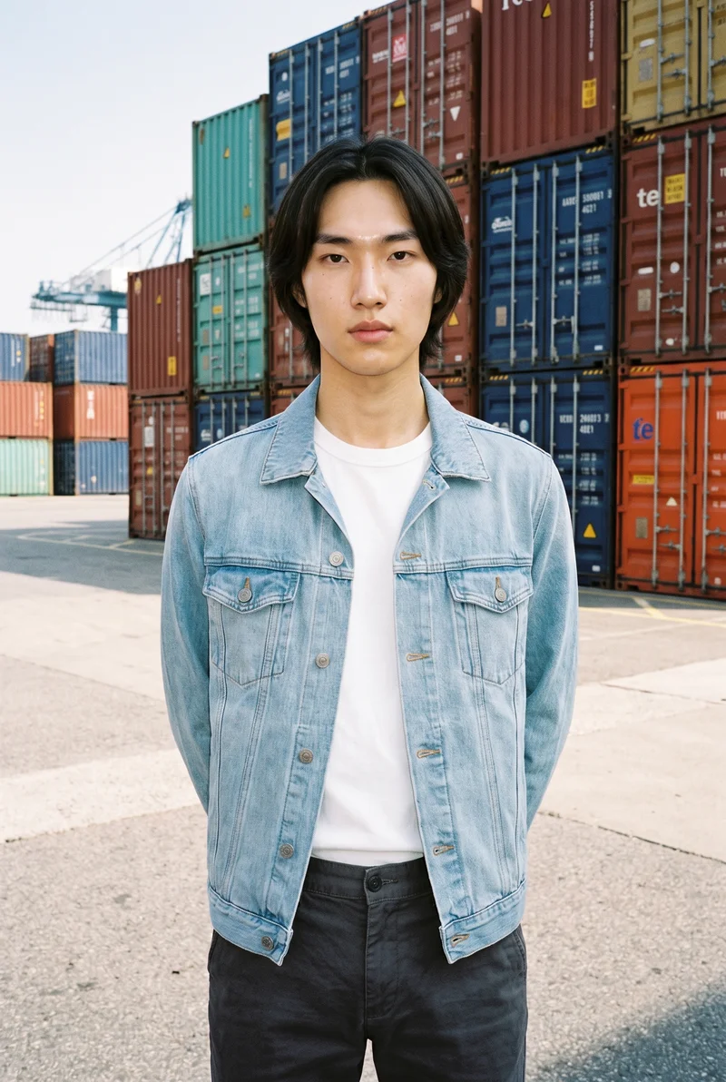 A 21-year-old Korean man wears a men's light wash denim jacket in an upper-body front view, standing with his hands behind his back and a confident expression. Shipping containers form the backdrop.