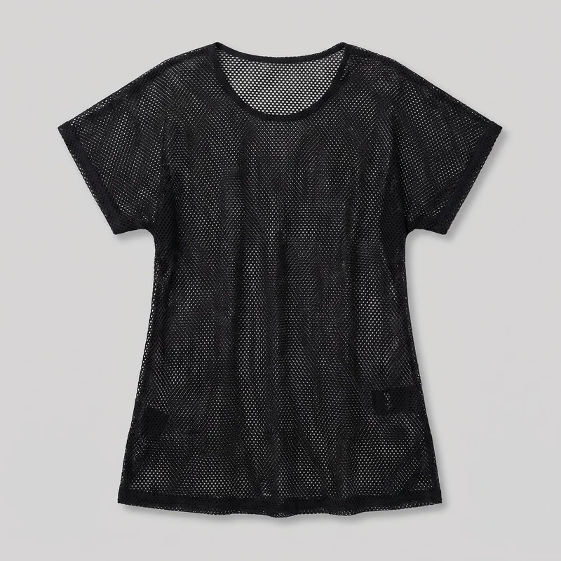 A women's black short-sleeve open-mesh top is shown as a complete flat product view. It has a rounded crew neckline, wide sleeves, a straight full-length tunic-like body, and a straight bottom hem. Mixed open-hole mesh sections and chevron-like patterned panels cover the top, with narrow bound trim around the neckline, sleeve openings, and hem.