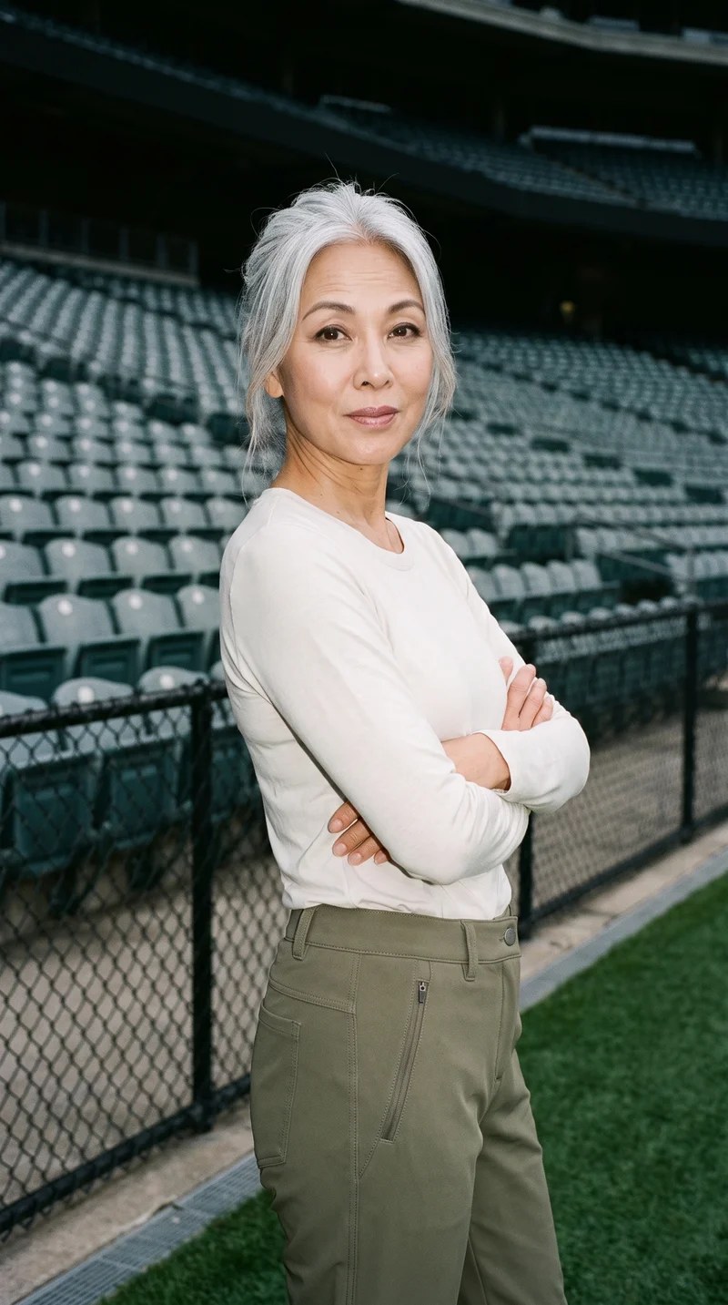 A 58-year-old Chinese woman wears women's olive softshell hiking trousers in a three-quarter-length view from the front three-quarter angle. She stands in a self-hug pose with a curious expression, with stadium seating as the backdrop.